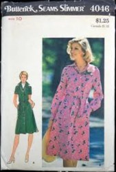 4046 BUTTERICK BUTTONED SHORT - LONG SLEEVE A-DRESS, BELT 1970S PATTERN 12 34"B